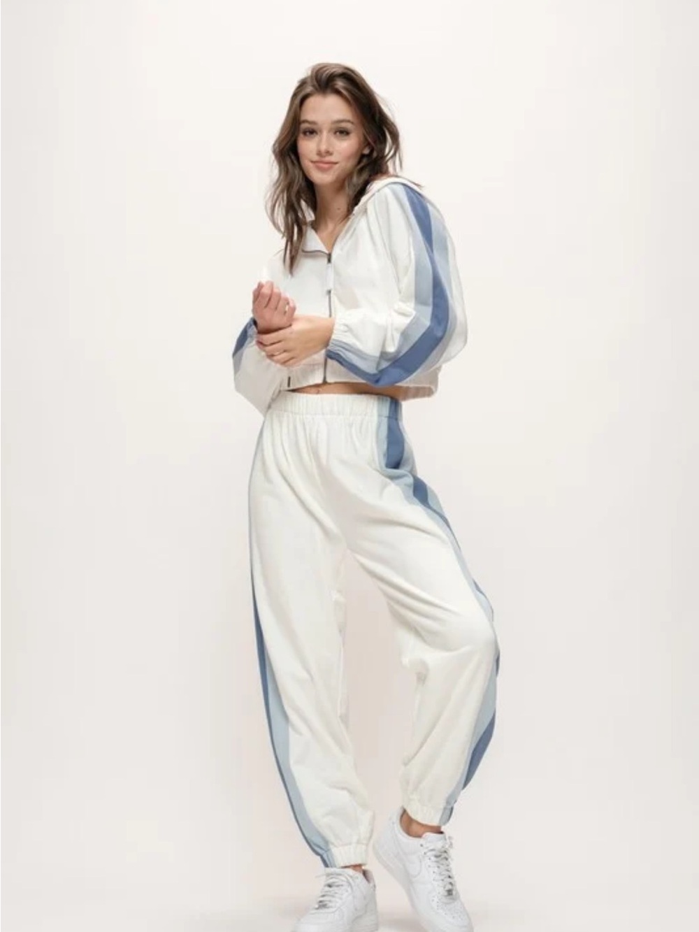 White Track Joggers with Light Blue Side Stripes